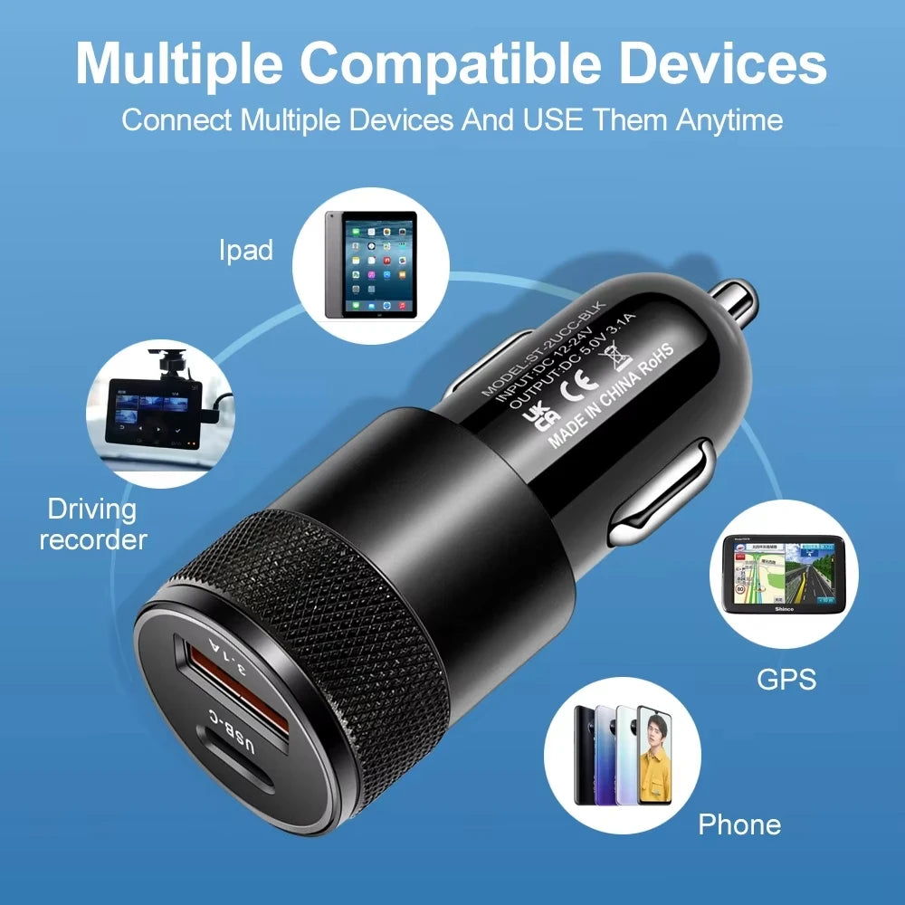 شاحن سيارة سريع USB-C بقوة 3.1 أمبير - متوافق مع آيفون وشاومي وهواوي