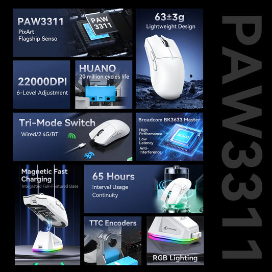 فأرة أتاك شارك X11 اللاسلكية، اتصال ثلاثي الأوضاع 2.4GHz/سلكي/بلوتوث PAW3311 22000DPI 400IPS RGB فأرة ألعاب للكمبيوتر