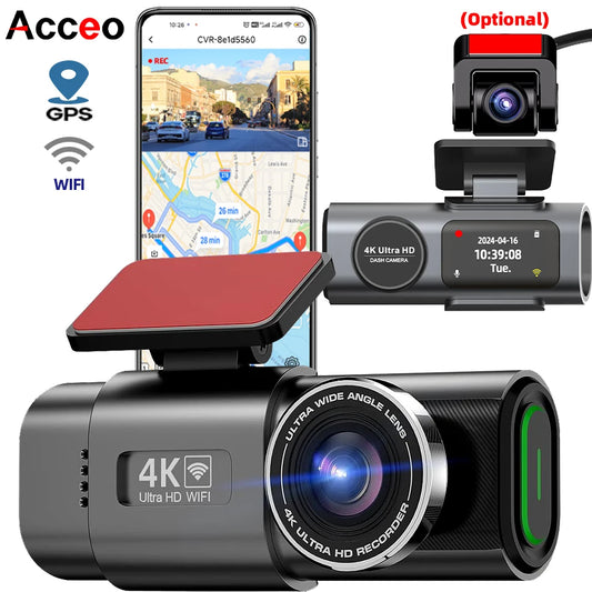 كاميرا سيارة داش كام بدقة 4K UHD مسجل فيديو DVR برؤية ليلية مع واي فاي مدمج ودعم GPS ومراقبة 24 ساعة للركن