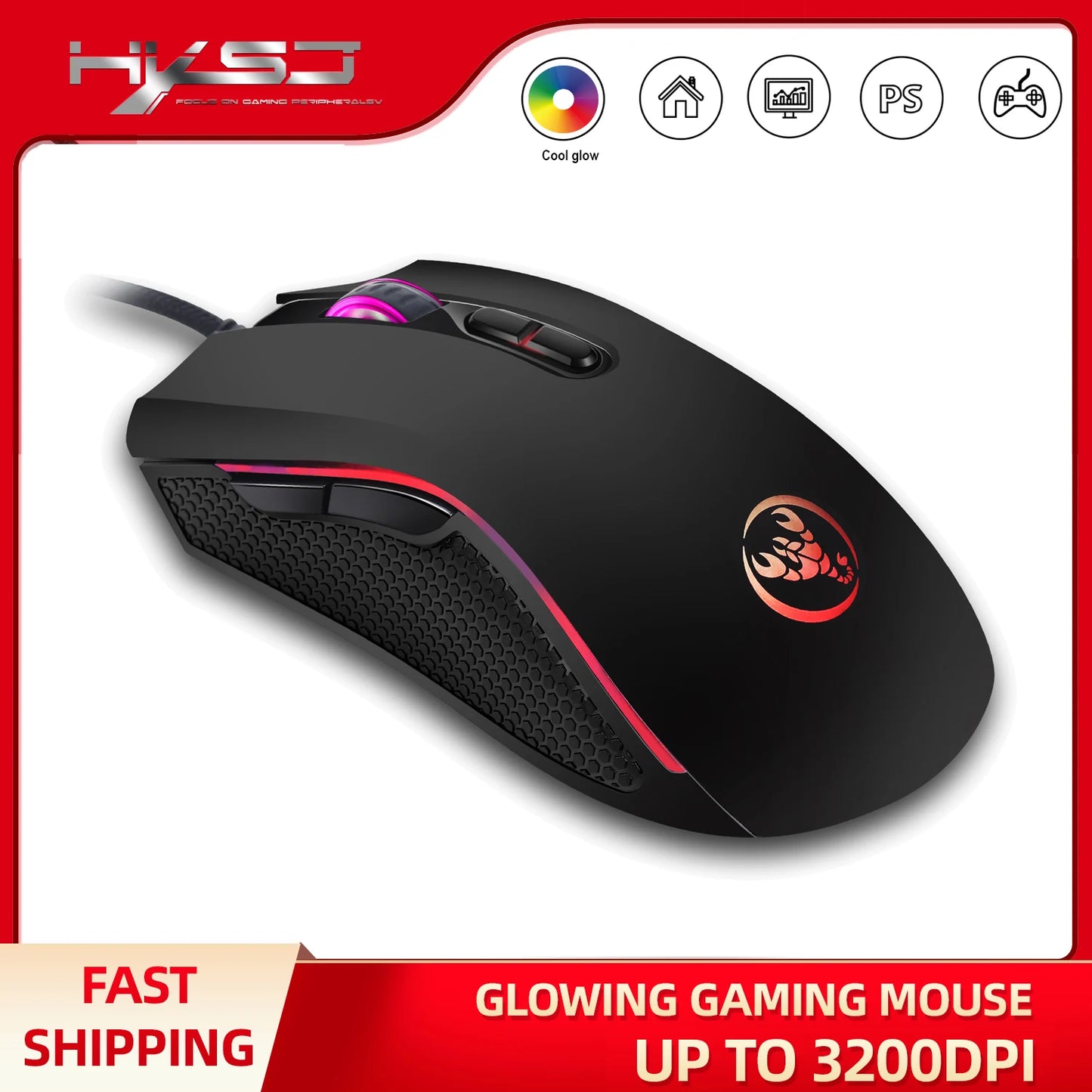 ماوس ألعاب سلكي HXSJ A869 بصري مريح RGB من مادة ABS مع 4 مستويات لضبط الدقة للابتوب والكمبيوتر - الخيار الشائع