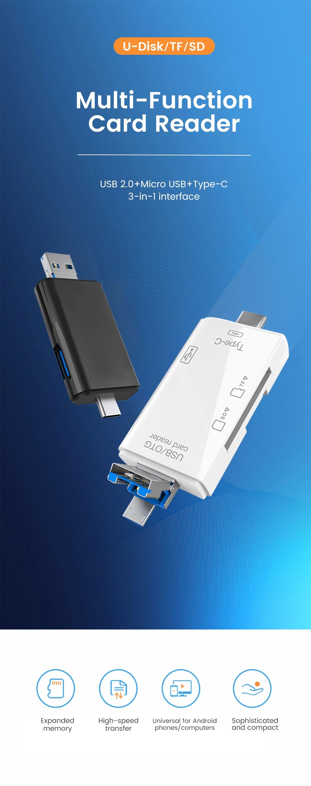 قارئ بطاقات الذاكرة متعددة الوظائف 6 في 1 OTG قارئ بطاقات SD USB2.0 Type-C/TF/SD محول ذكي لبطاقات الذاكرة