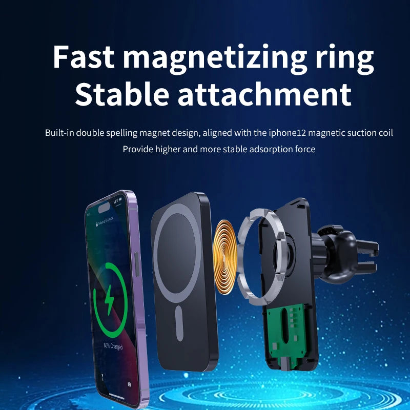 شاحن سيارة لاسلكي مغناطيسي 30 واط متوافق مع MagSafe لهواتف iPhone 16 15 14 13 Pro Max وXiaomi وSamsung مع حامل هاتف بمشبك فتحة التهوية