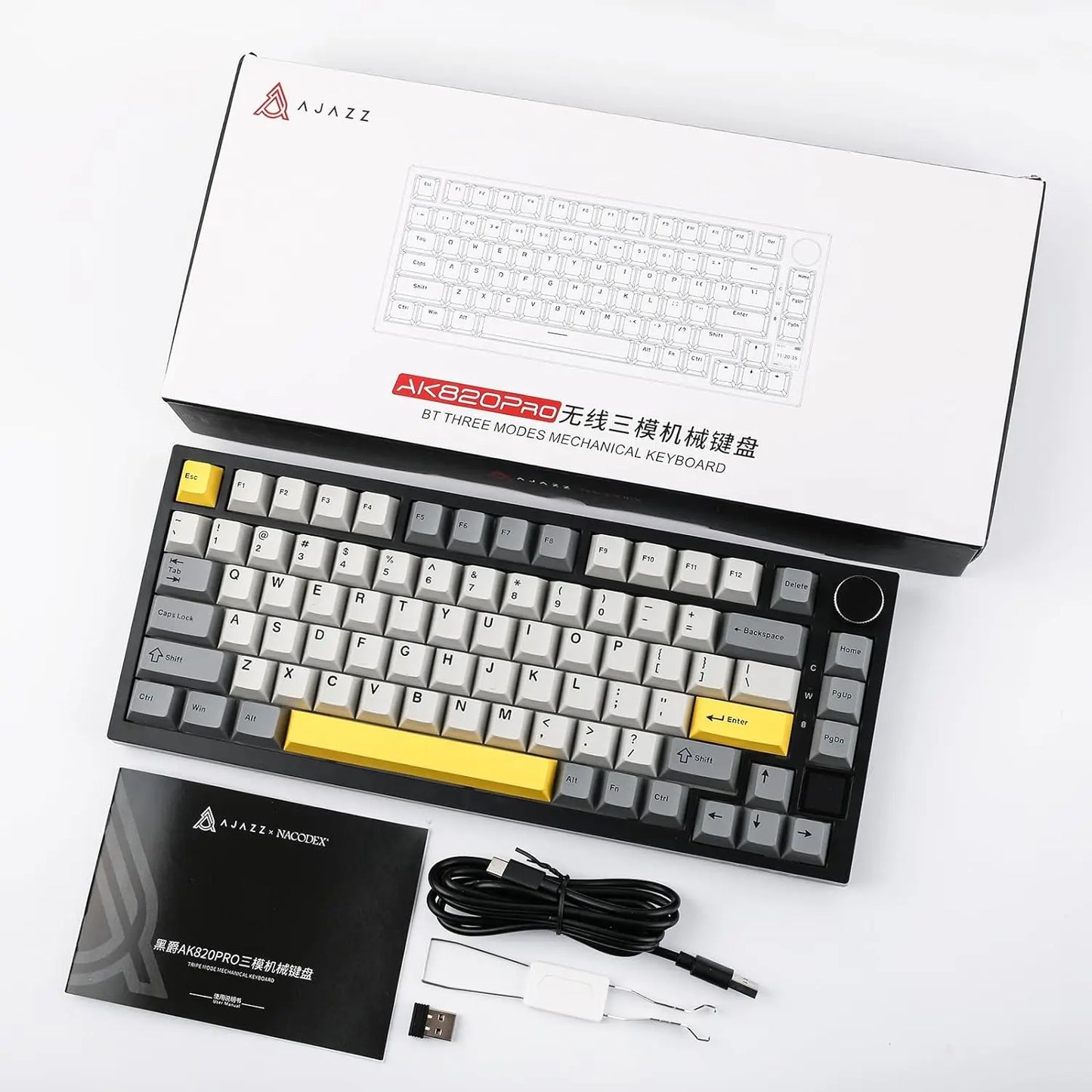 لوحة مفاتيح ميكانيكية للألعاب Ajazz AK820/AK820Pro بلوتوث 5.1/لاسلكية/سلكية USB-C قابلة للتخصيص مع مقبض وخاصية التبديل السريع وحشوة مطاطية
