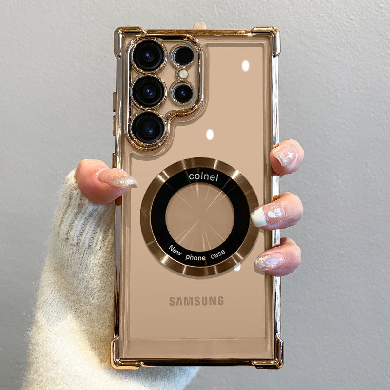 غطاء شحن لاسلكي مغناطيسي فاخر مطلي لهواتف سامسونج S25 S24 Ultra S23 FE S22 Plus S21 Note 20 مع حماية شفافة للعدسة