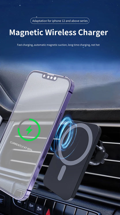 شاحن سيارة لاسلكي مغناطيسي 30 واط متوافق مع MagSafe لهواتف iPhone 16 15 14 13 Pro Max وXiaomi وSamsung مع حامل هاتف بمشبك فتحة التهوية