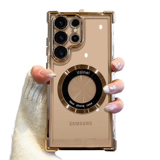غطاء شحن لاسلكي مغناطيسي فاخر مطلي لهواتف سامسونج S25 S24 Ultra S23 FE S22 Plus S21 Note 20 مع حماية شفافة للعدسة