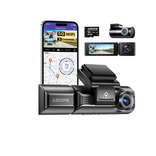 كاميرا سيارة AZDOME M550 Pro بتقنية WiFi 5.8 جيجاهرتز - قناتين/3 قنوات - دقة 4K+1080P مع GPS مدمج - شاشة IPS 3.19 بوصة - رؤية ليلية بالأشعة تحت الحمراء - وضع المراقبة 24 ساعة